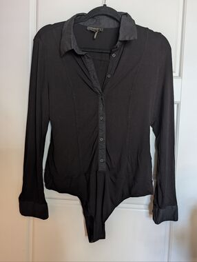 Donna Karan Black Long-Sleeve Button-up Bodysuit